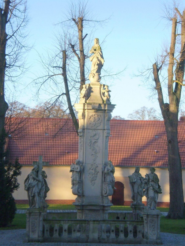 2.Przed zachodnią fasadą kościoła znajduje się rokokowa figura Marii Panny w typie Immakulaty (Niepokalanie Poczętej) w otoczeniu świętych, datowana na rok 1755.