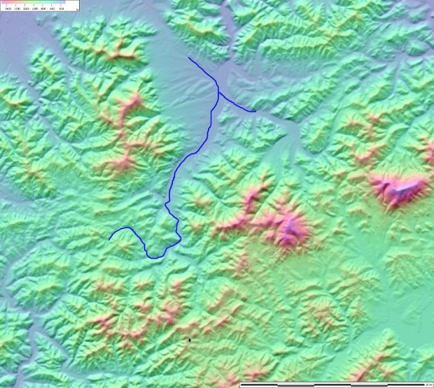 mapa terenu z naniesioną linią kolejową która będzie przedsawiana na kolejnej mapie realnej