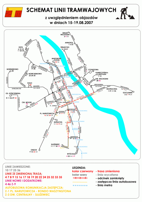 Schemat linii tramwajowych w dniach 15-19.08.2007.